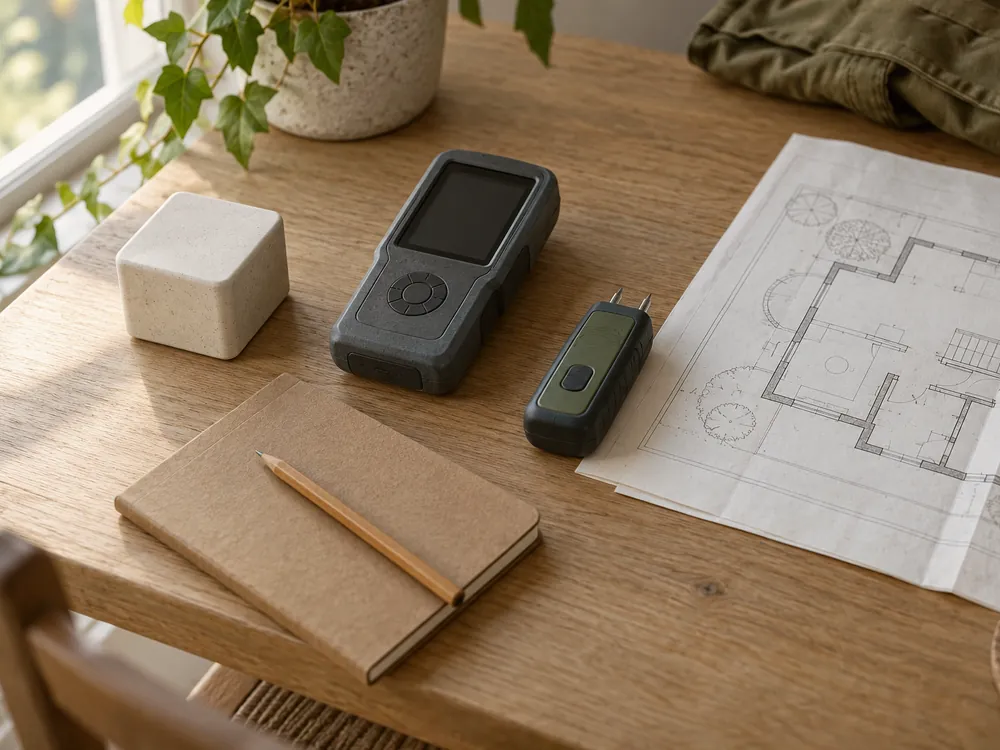 Détecteur passif, appareils de mesure portables, carnet kraft et plan de maison posés sur une table en chêne (image générée par IA)